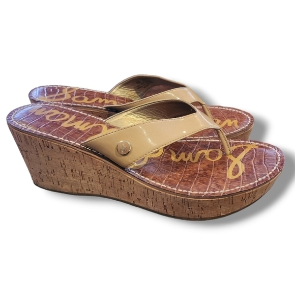 SAM Edelman ROMY WEDGE SANDAL Vegan Patent Leather women's Size 10/Tan - Picture 3 of 9